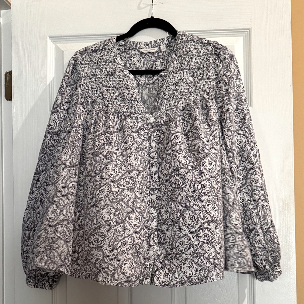 Lucky Brand Ladies Black and White Paisley Button Long Sleeve Blouse size large